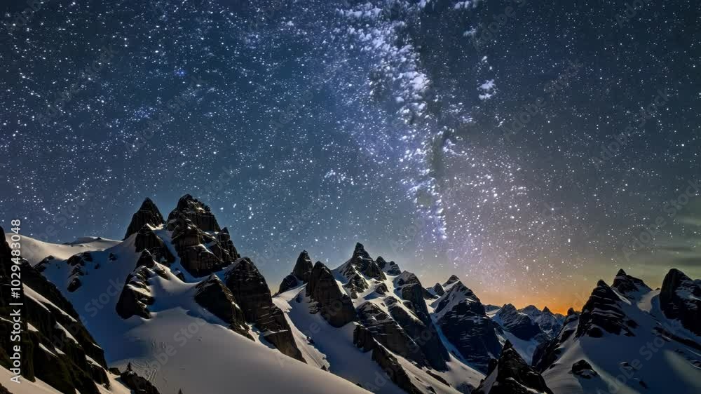 Poster the milky way galaxy is shining brightly over a snow capped mountain range, creating a breathtaking 