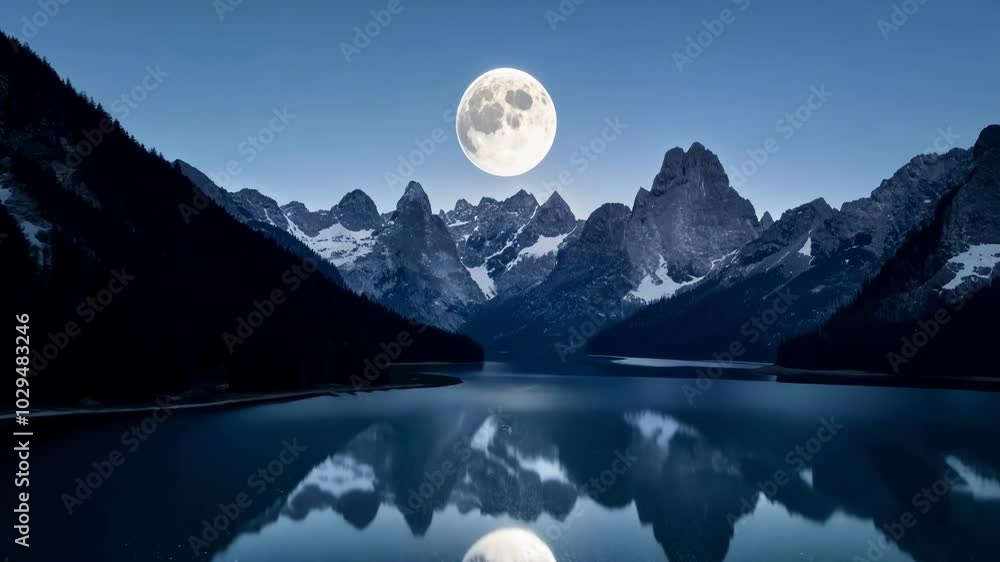 Poster the full moon shines on a mountain reflected in a calm lake at night, creating a serene landscape pe