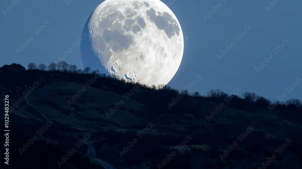 Poster supermoon rises above a mountain range, casting a mesmerizing glow across the night sky, creating a 