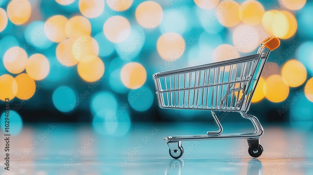Poster a small shopping cart sits on a reflective surface, blurred lights in the background creating a vibr