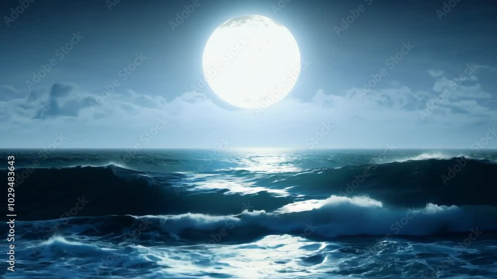 Poster bright full moon is illuminating the ocean at night, creating a beautiful and dramatic scene with it