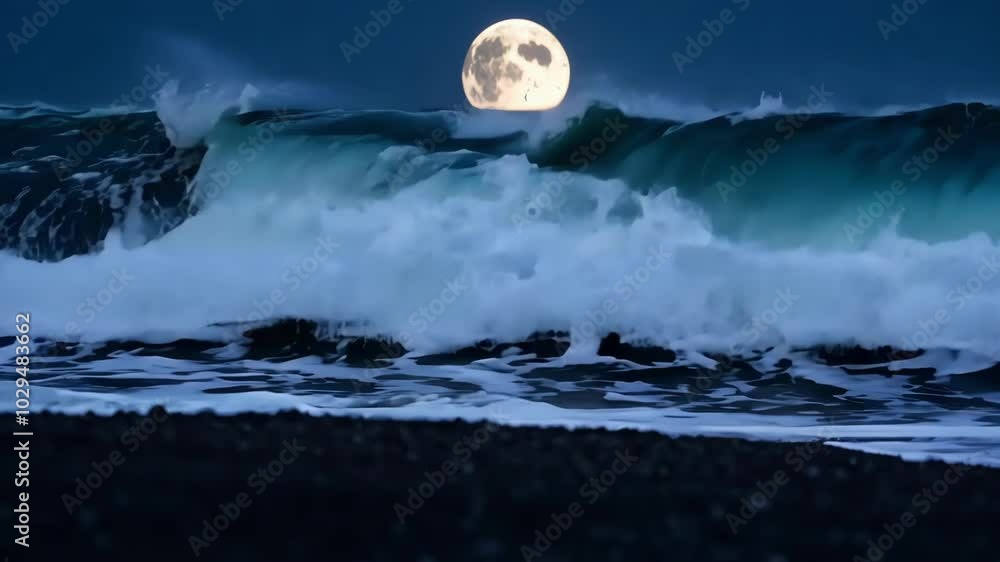 Aufkleber The moon rises over the dark ocean, casting a soft glow on crashing waves at twilight, creating a serene and romantic setting