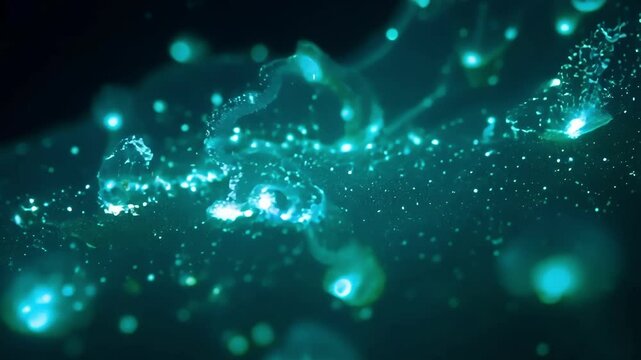 Glowing blue bioluminescent plankton light up the dark ocean, creating a magical atmosphere