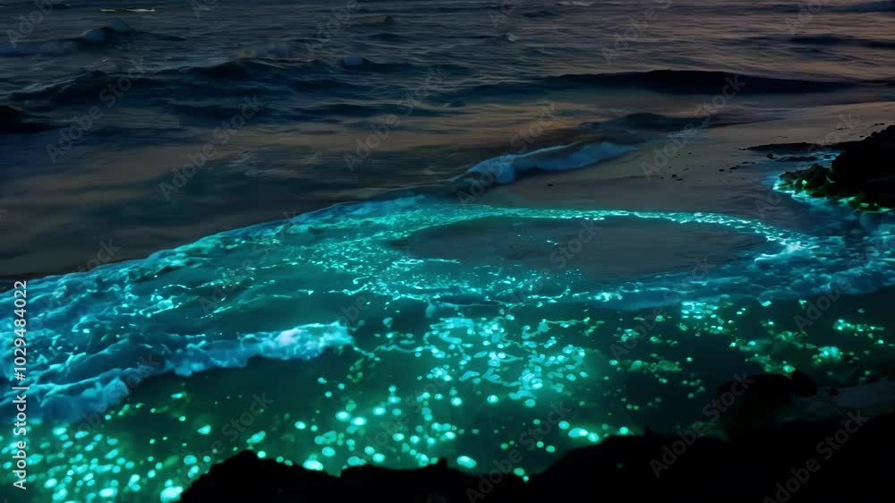 Poster glowing blue bioluminescent phytoplankton light up the waves as they crash on the shore at twilight,