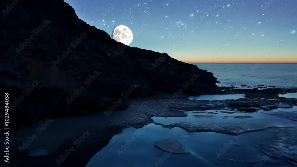 Poster breathtaking view of the full moon rising over a tranquil ocean, casting a magical glow on the water