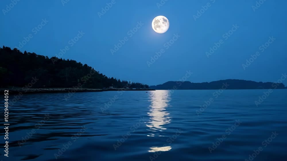 Poster bright full moon is reflecting on the surface of calm ocean water on a clear night, creating a roman