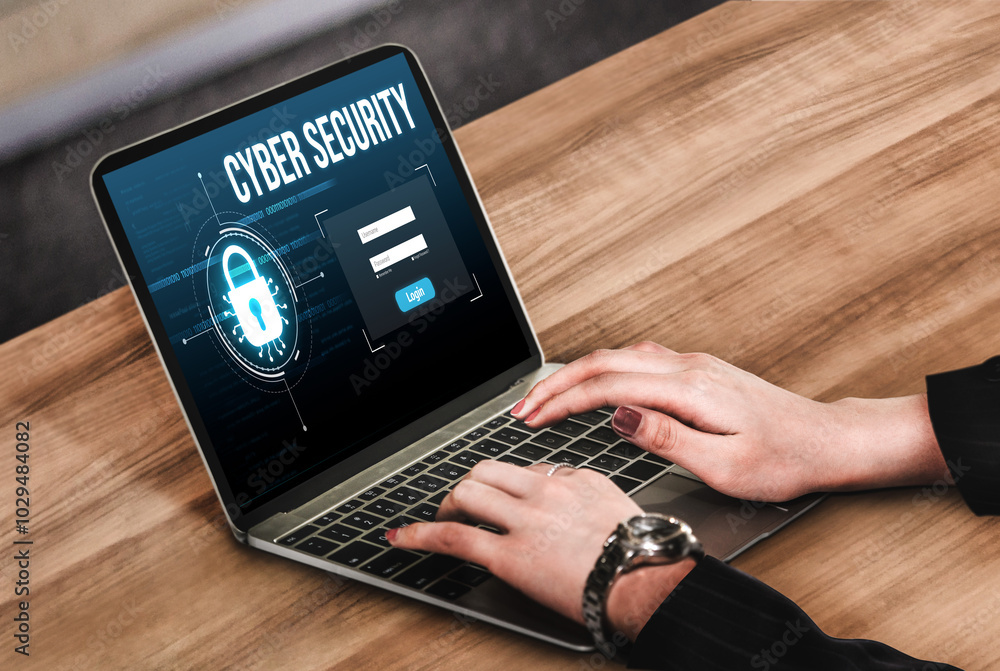 Poster cyber security system on computer screen protect private information snugly from hacker and cyber at