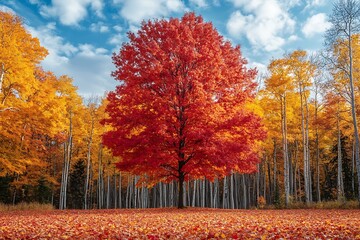 A lone red maple tree stands out in a forest of golden aspen trees