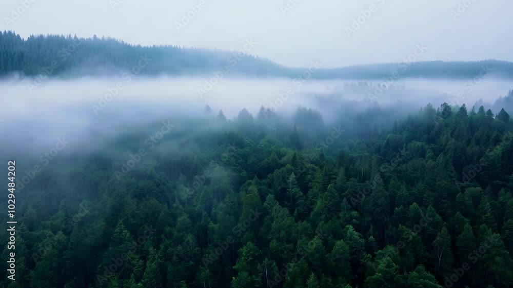 Poster Drone flying over misty forest in early morning, creating sea of clouds effect. Tranquil, serene atmosphere with lush green canopy and soft sunlight filtering through mist