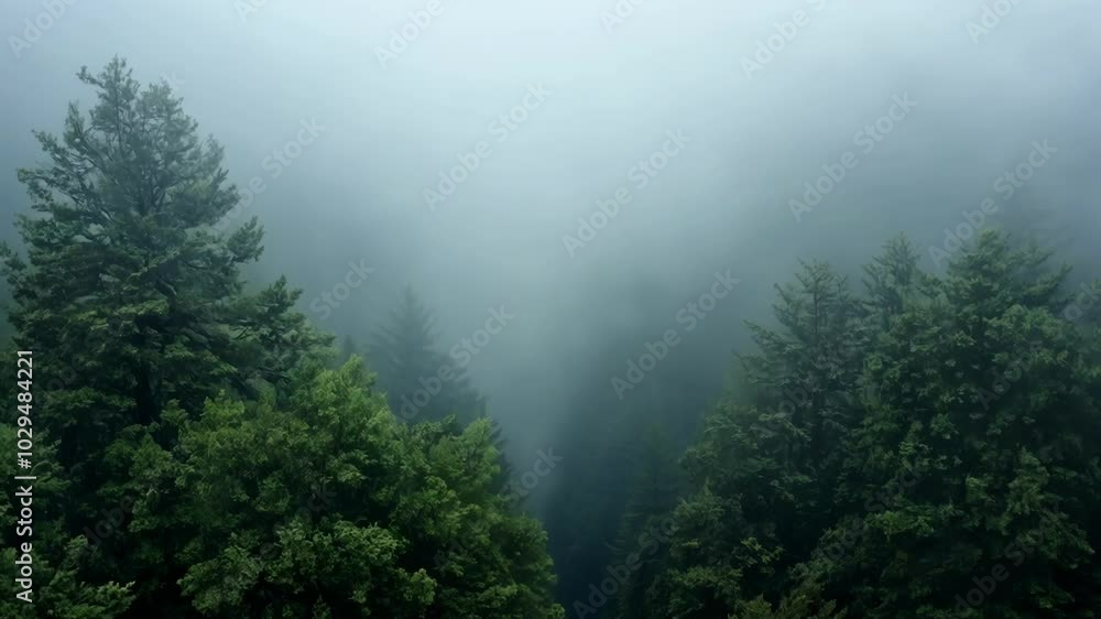Aufkleber Misty forest with tall green trees and sunlight filtering through the branches. Aerial view captures serene and tranquil atmosphere