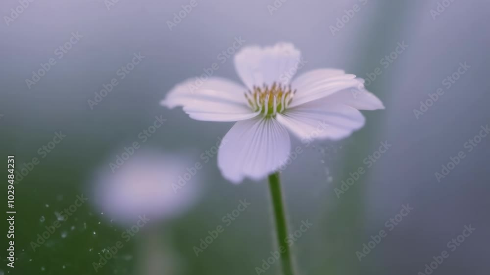 Poster white flower blooms behind water droplets on a window, creating a tranquil background. petal details