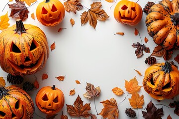 halloween flat lay composition with pumpkins treats  on white background top view halloween banner mockup party invitation card template.
