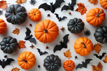 halloween flat lay composition with pumpkins treats  on white background top view halloween banner mockup party invitation card template.