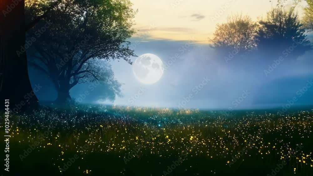 Aufkleber the full moon rises over a magical forest at sunset, casting a soft glow on the tall grass and fog a