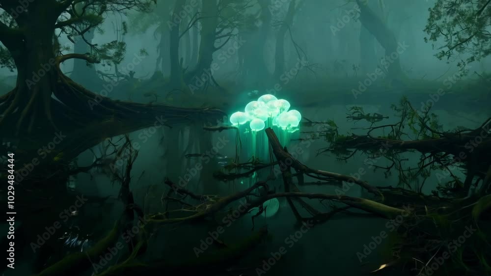 Poster Glowing plants are growing from the water in a dark and foggy swamp. The plants are illuminating the fog and surrounding trees