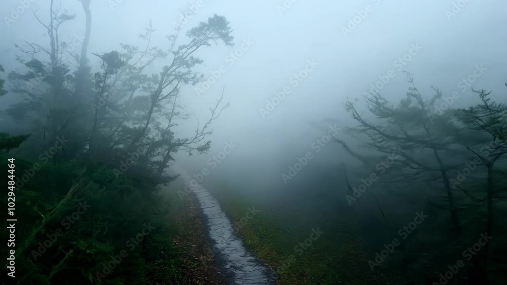 Poster foggy forest trail with trees creates a mysterious atmosphere, perfect for a serene escape in nature