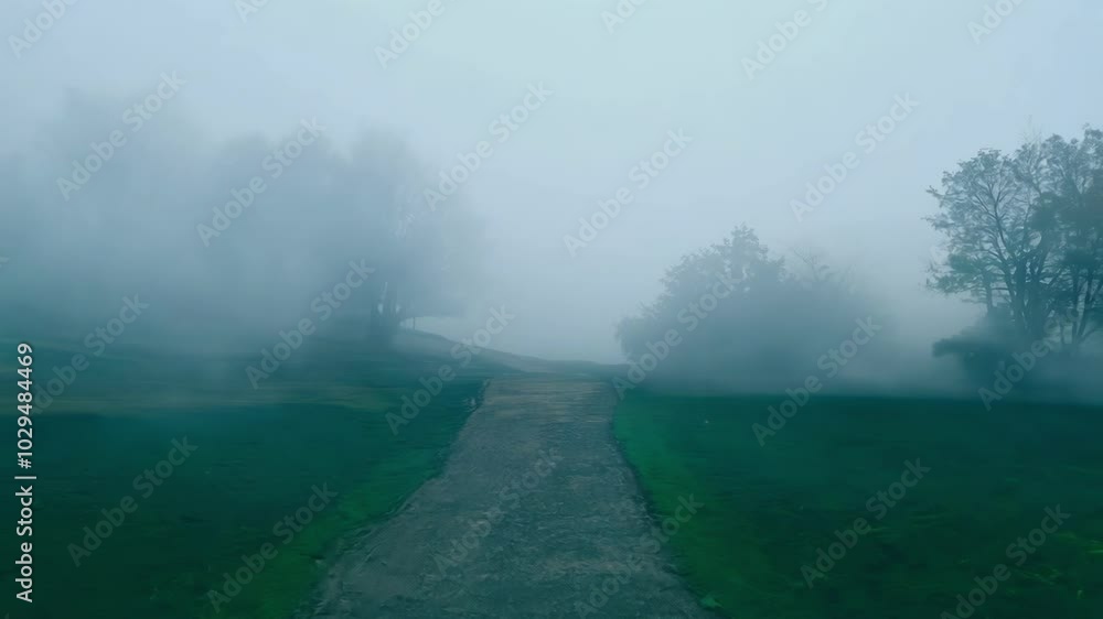 Poster Foggy path winds through eerie trees in a gloomy park, creating a suspenseful atmosphere