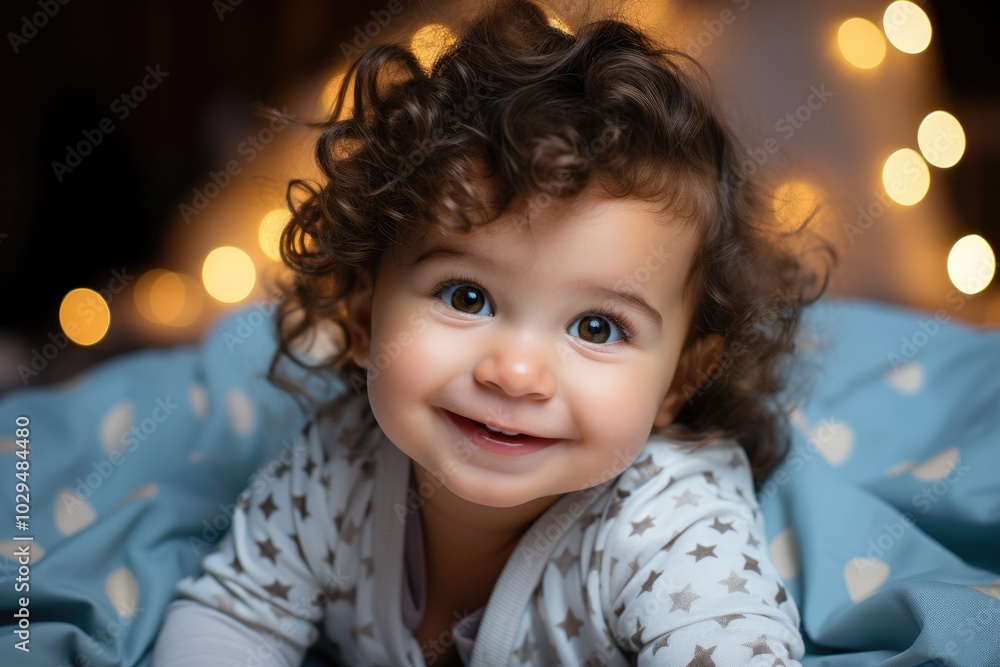 Wall mural a cute baby with curly hair and big eyes smiling, wearing star-patterned pajamas, and illuminated by