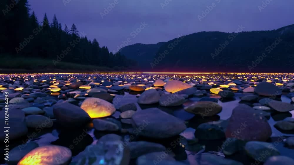 Aufkleber breathtaking view of glowing stones arranged in lines across a body of water, creating a magical pat