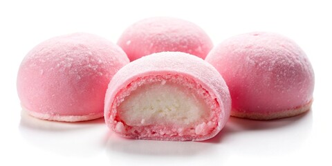 Symmetrical pink mochi ice cream dessert on white background