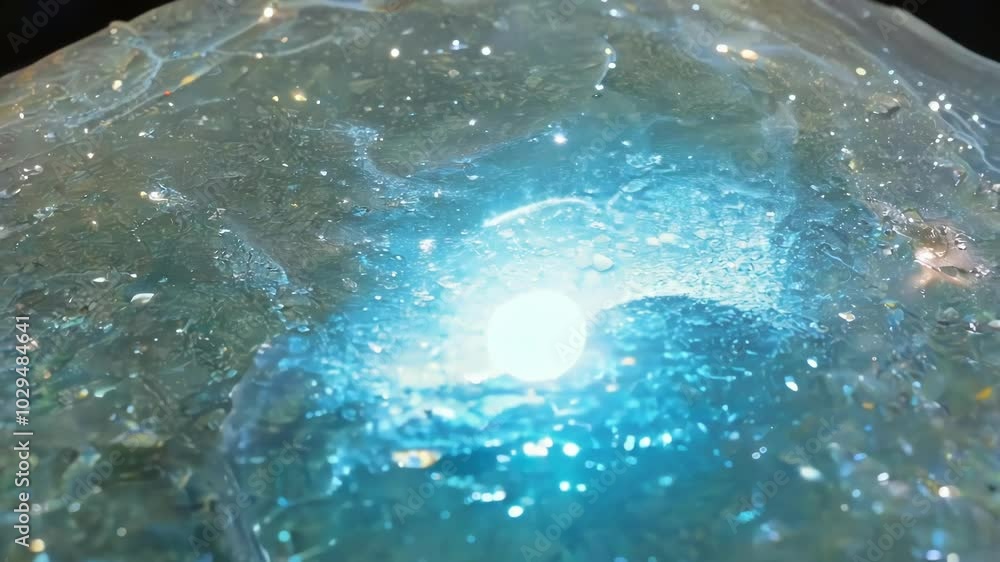 Poster turquoise light shines through frozen water, creating abstract pattern with air bubbles. icy texture