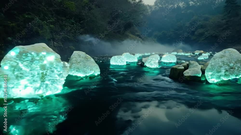 Poster Turquoise bioluminescent rocks are illuminating a river at twilight, creating a magical and surreal atmosphere. This enchanting scene evokes a sense of wonder and tranquility