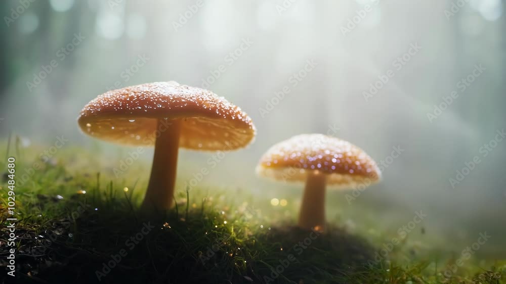 Poster Mysterious forest scene with dewy toadstool mushrooms in foggy sunlight, creating a fairytale atmosphere. Red, orange, and white fly agaric mushrooms stand out in the enchanting setting