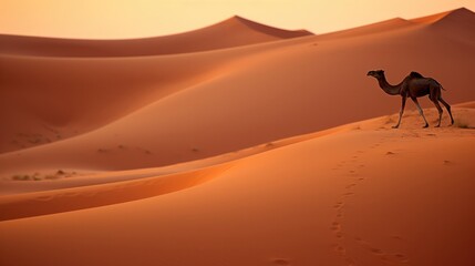 A camel walking across sand dunes during a beautiful sunset in the desert.