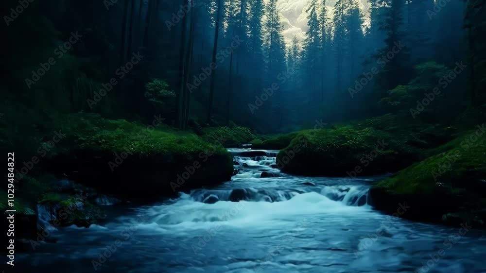 Poster River flows over mossy rocks in a foggy forest at night, with a hidden moon creating a mysterious and tranquil atmosphere