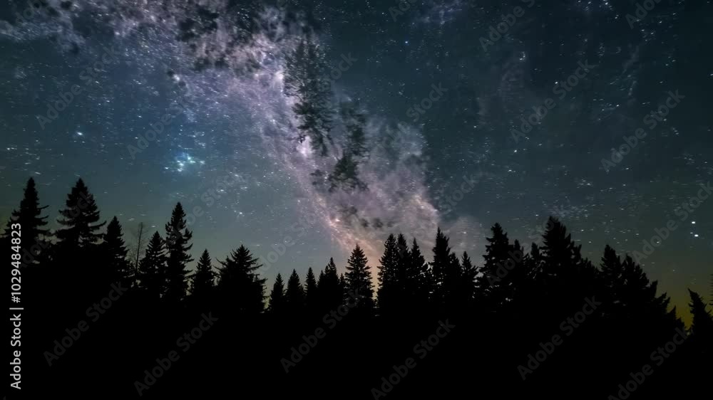 Poster The milky way galaxy is shining brightly in the night sky over a forest with the trees in silhouette. The starry sky is reflected in the lake