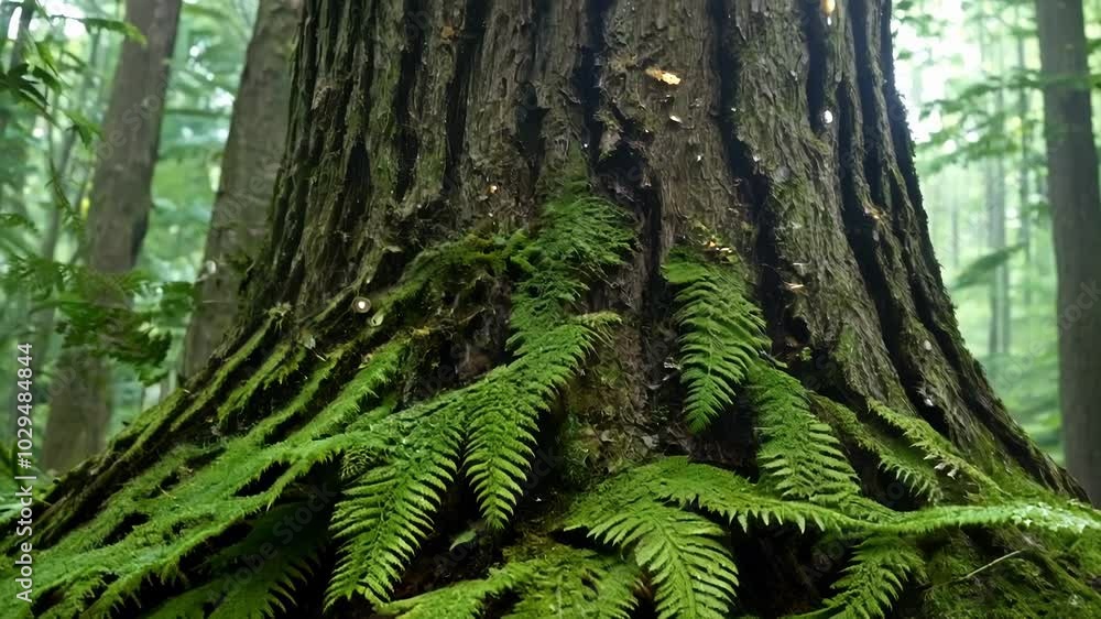 Poster vivid green ferns are thriving on the base of a tree trunk, highlighting the symbiotic relationship 