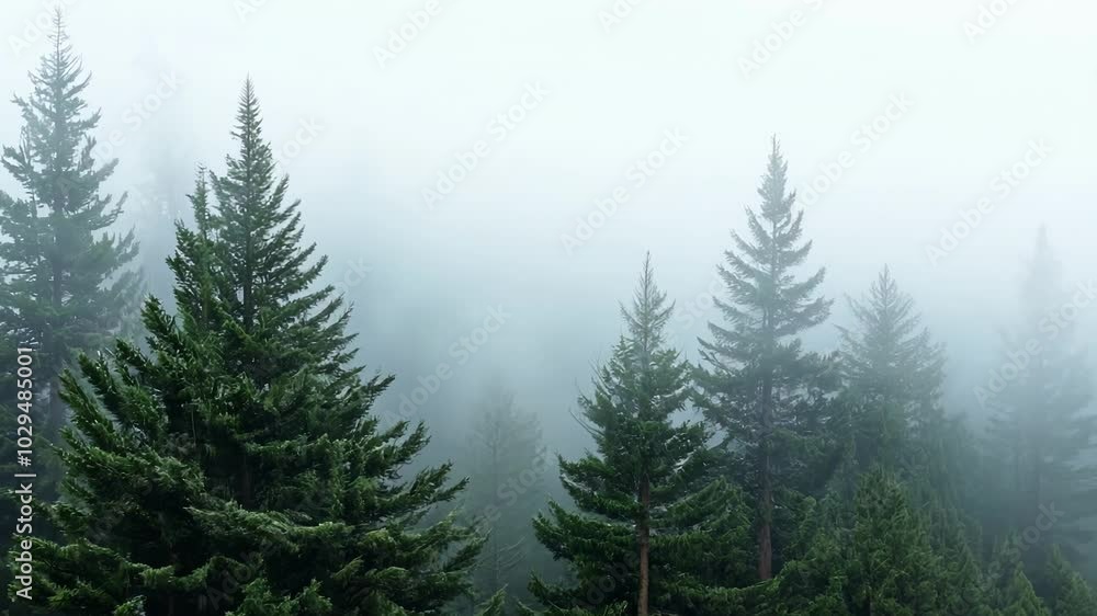 Aufkleber Tall green pine trees reaching up towards the sky on a misty day, casting a mysterious and captivating vibe in the forest, with fog adding an atmospheric touch to the serene and tranquil scenery