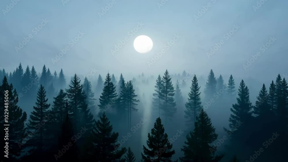 Poster moonlit pine forest shrouded in fog, creating a mysterious and eerie atmosphere. aerial view capture
