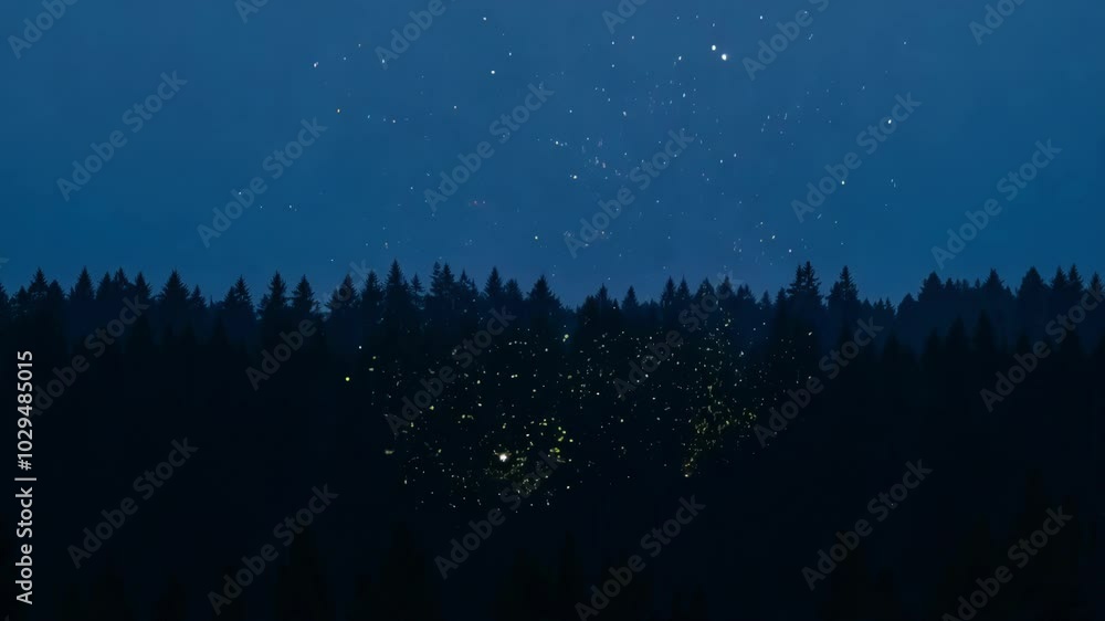 Poster fireflies glowing in a dark forest at twilight, casting a magical light over the clearing