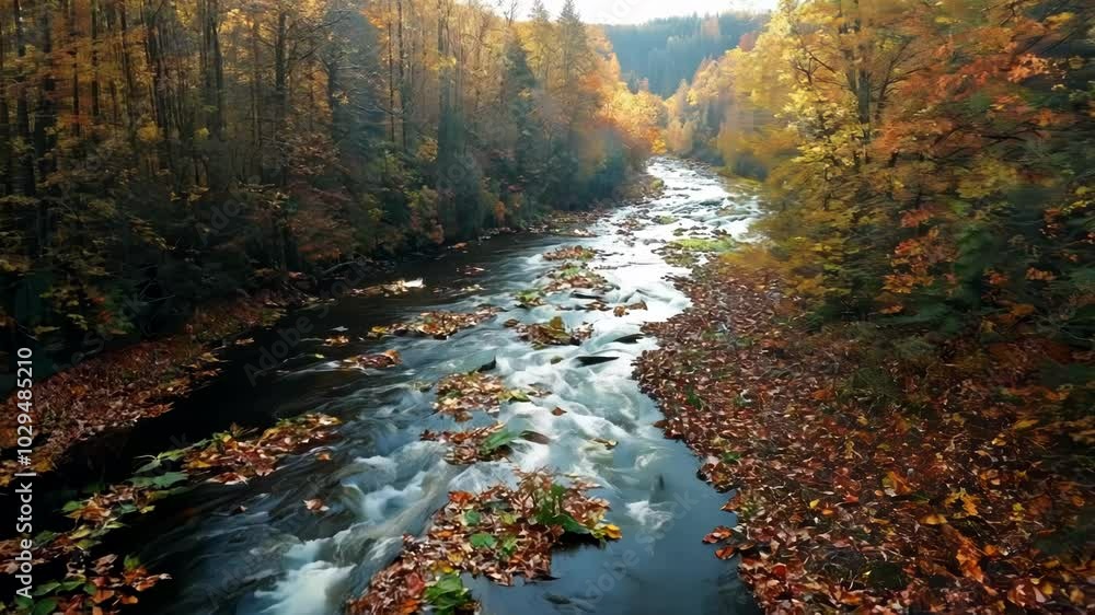 Leinwandbilder mountain river is flowing through a colorful forest with autumn leaves floating on the water surface