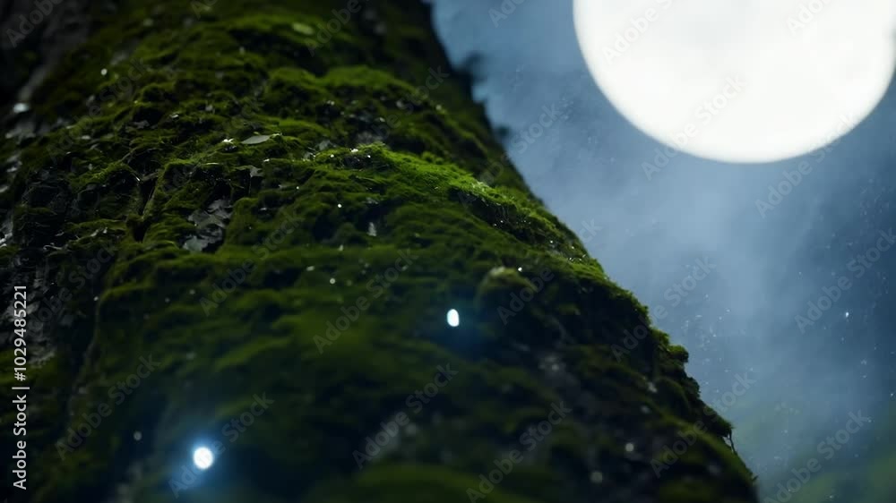 Poster vibrant green moss thrives on tree trunk with majestic waterfall in background, exuding tranquility 