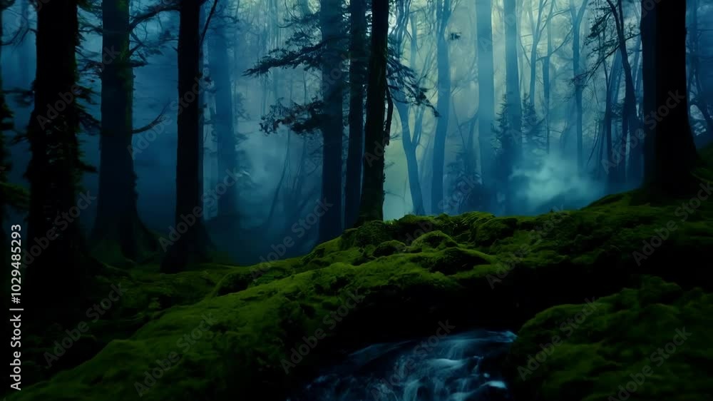 Poster small river is flowing through a foggy and wild forest with green moss covering the ground. the sunl