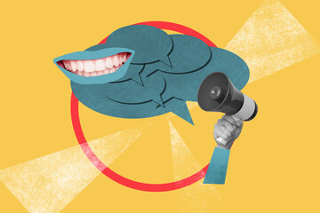 Composite photo collage of hand hold megaphone device bubble promote election information faceless...