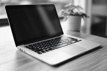 A sleek laptop on a wooden table, showcasing a minimalist workspace.
