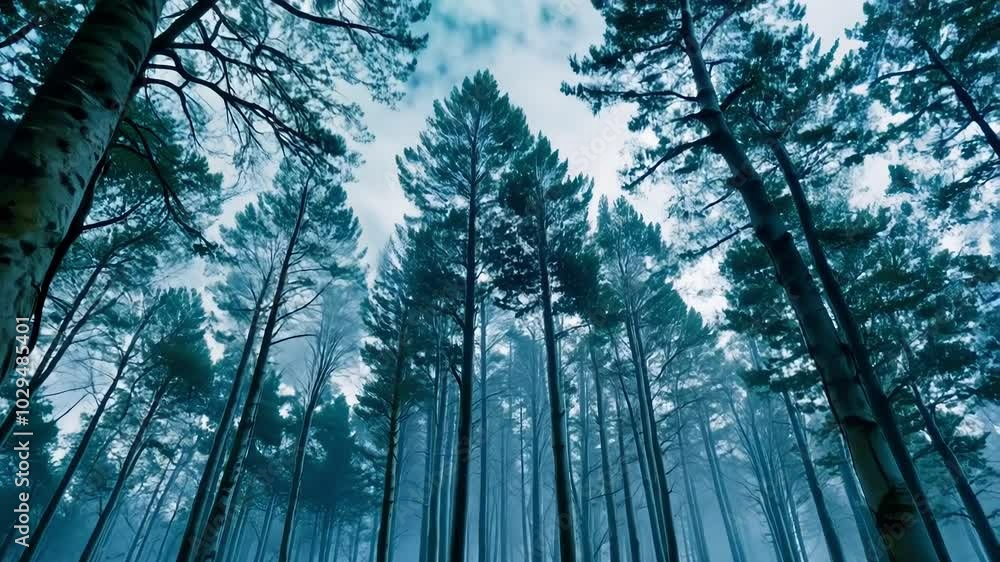 Poster Tall trees are standing in a dark forest with fog rising from the ground. The mysterious atmosphere evokes feelings of awe and wonder