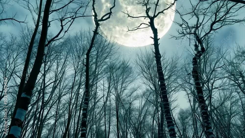 Poster Moonlight shines through birch tree branches in a dark forest, casting eerie shadows and creating a spooky atmosphere