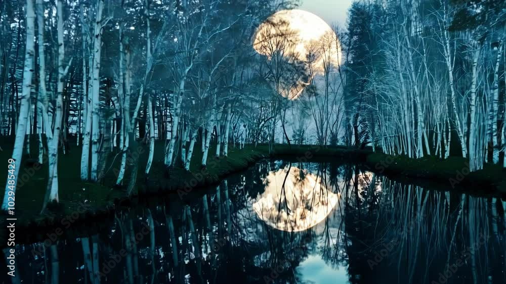 Poster the full moon is reflecting in a river flowing through a birch forest at twilight. the water is very