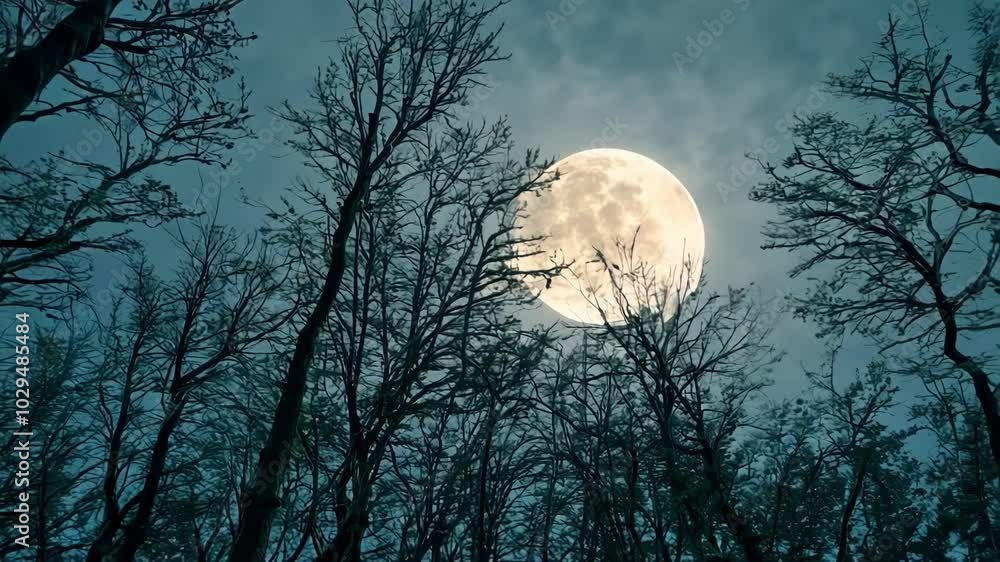 Poster bright full moon shines on a dark forest with bare trees, creating a spooky atmosphere perfect for h