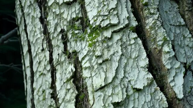 Close up of a white painted tree trunk with cracked and peeling paint, revealing the natural texture underneath and patches of moss growing in the crevices