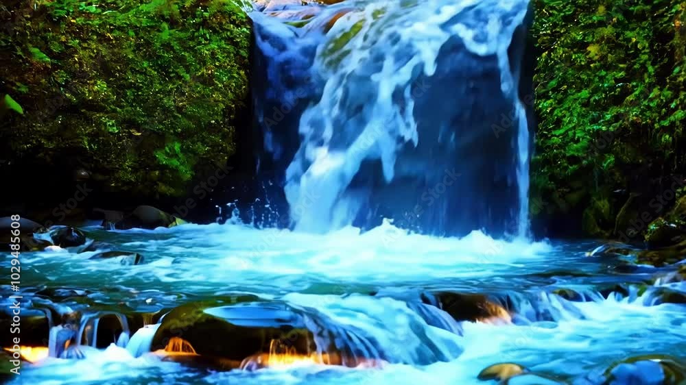 Poster sparkling water cascades over moss covered rocks in a wild forest, creating a serene scene surrounde