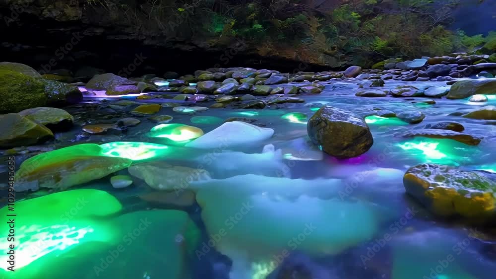 Poster water flowing over rocks in a river at night, illuminated by colorful lights in a deep forest. the l