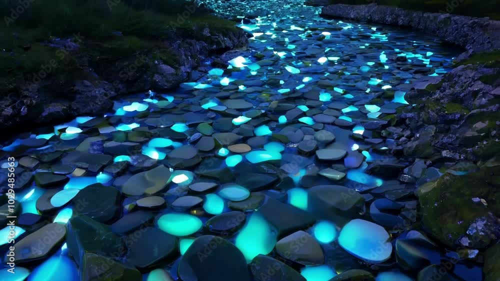 Poster turquoise water flowing over rocks in a dark cave, creating a magical and surreal atmosphere. this m