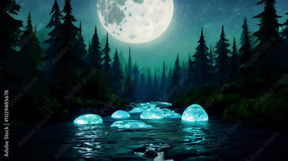 Aufkleber Magical river flows through a serene forest under a full moon on a starry night, creating a tranquil and captivating scene