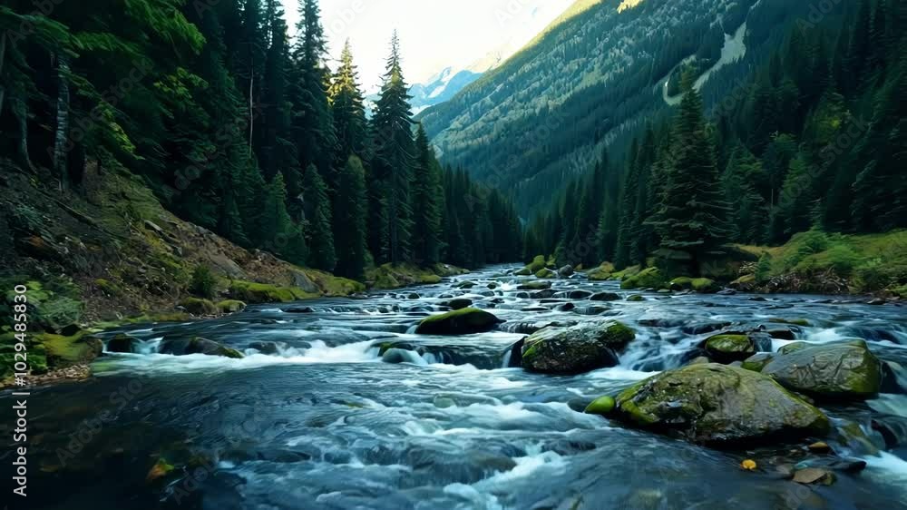 Poster mountain river flows through a forest landscape with mossy rocks in the foreground and coniferous tr