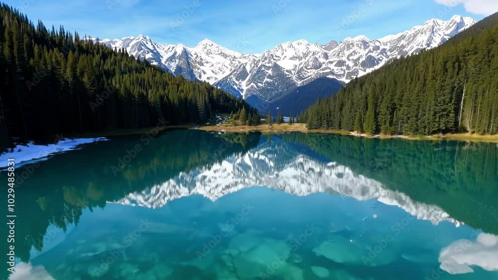 Poster stunning alpine lake reflecting the snow capped mountains and evergreen forest on a sunny day with s
